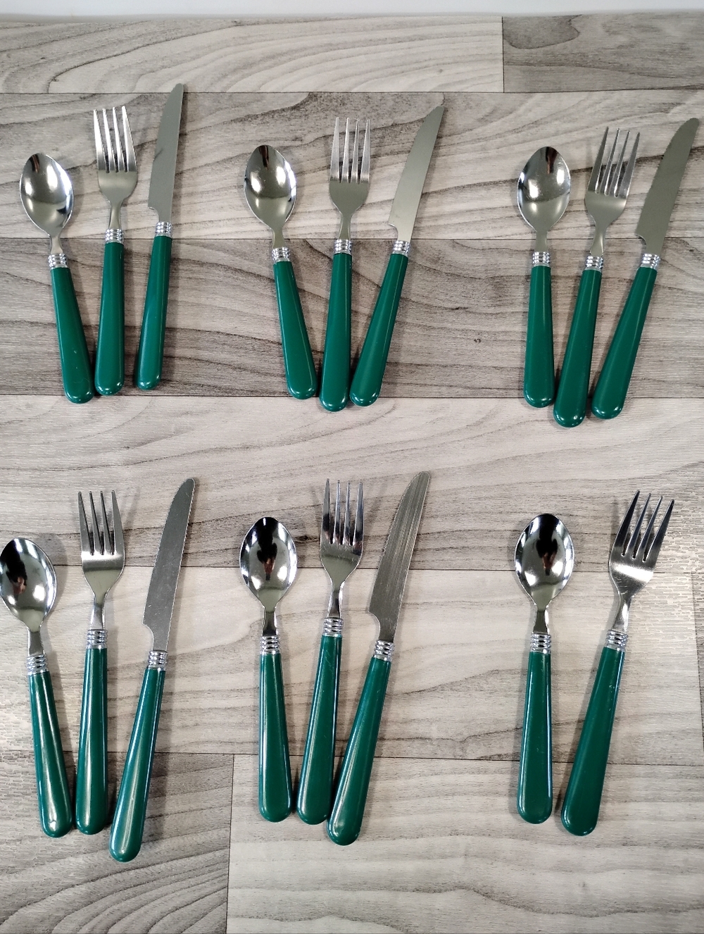 Vintage Gibson Christmas Charm Flatware / Silverware -‎ Green Handle -Lot of 17